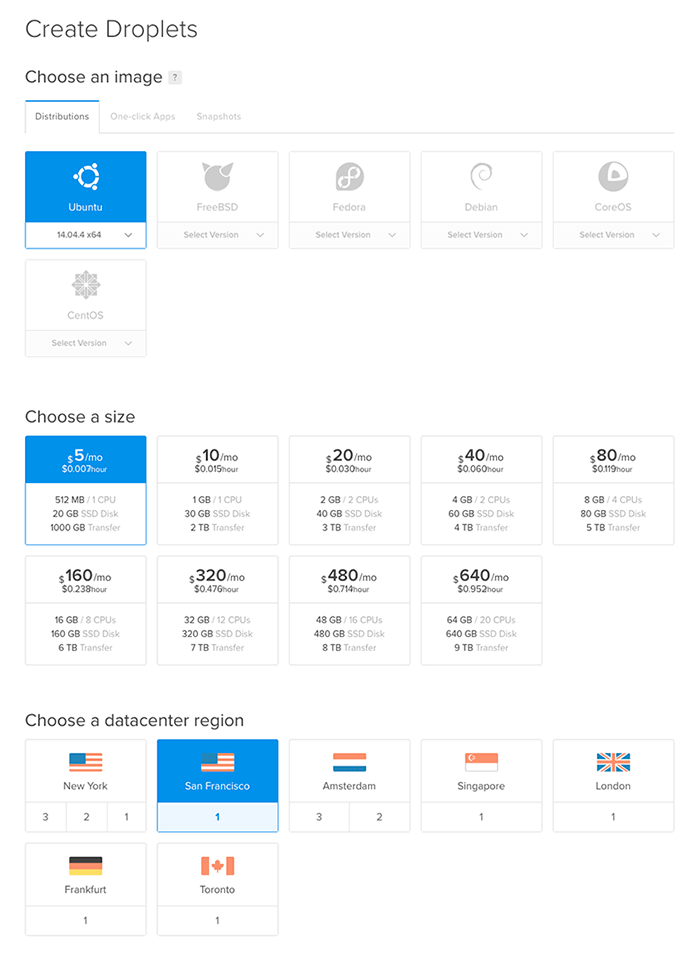 Setting up Shadowsocks on DigitalOcean: digital ocean droplet options.