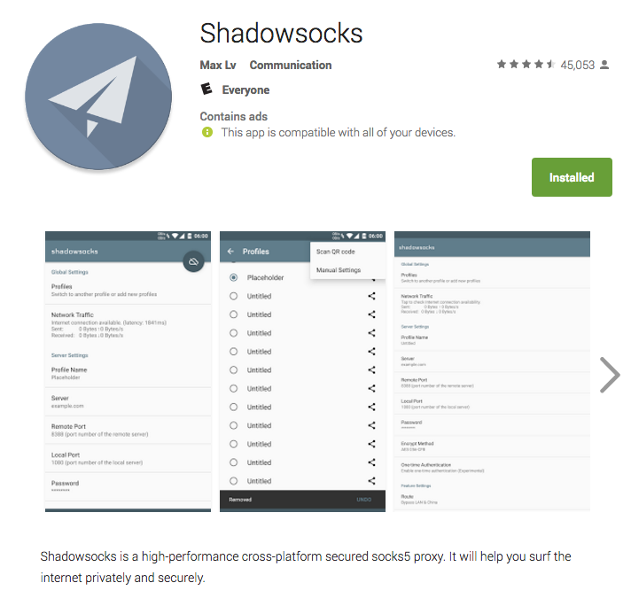 Shadowsocks Android App in Google Play Store.