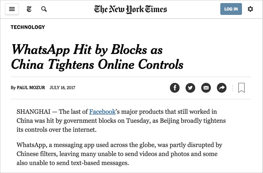 New York Times: WhatsApp banned in China.