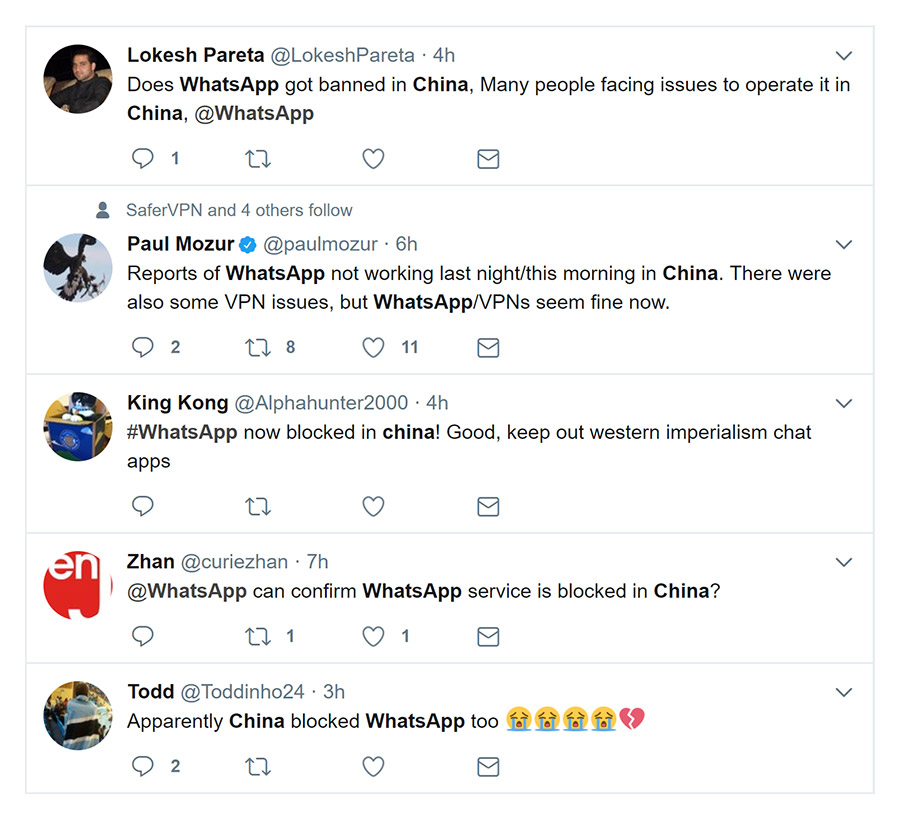 Twitter: WhatsApp blocked in China