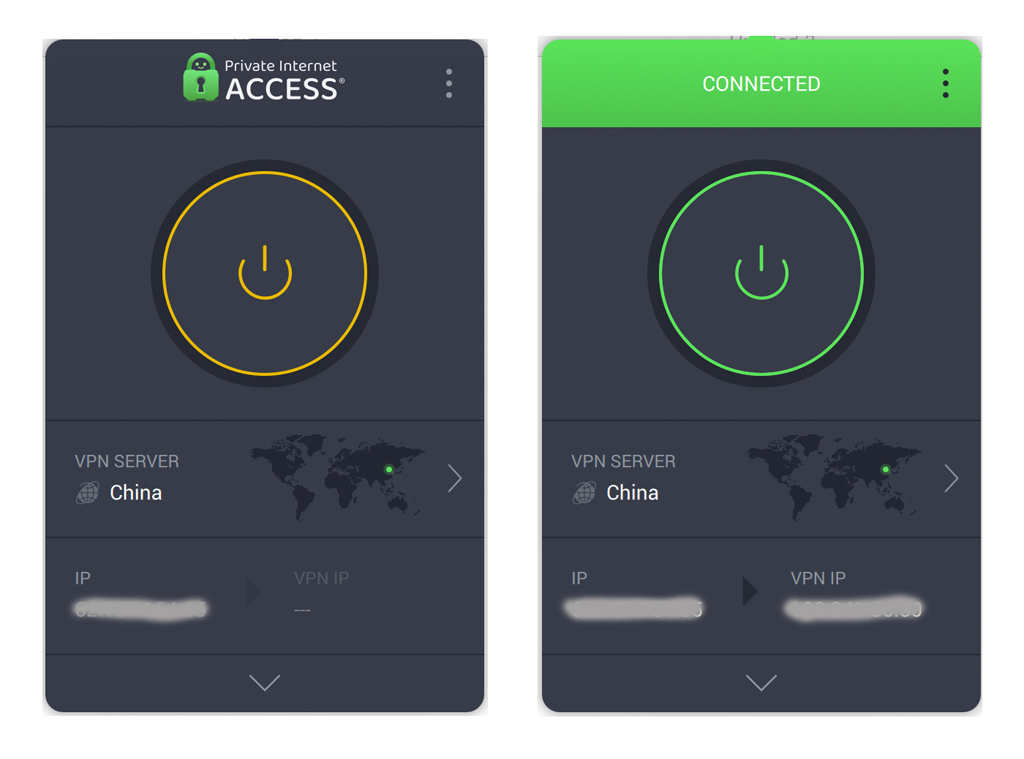 PIA software showing connected to China server in order to get a China IP address for VPN into China.