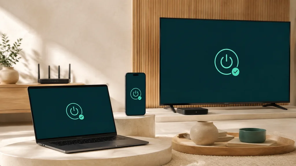Conceptual illustration of separate VPN connections on a laptop, smartphone, and television.