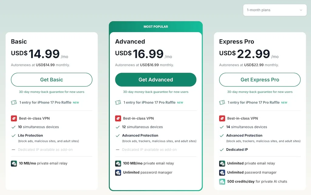 ExpressVPN pricing plan for 1-month subscription period: Basic Plan, Advanced Plan Pro Plan