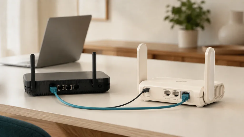 Illustrated home setup with an existing router connected by Ethernet to an Aircove Go router.