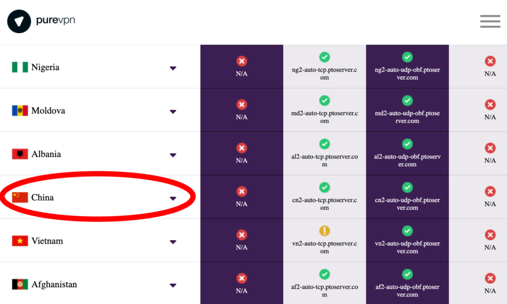 PureVPN server location list including China server to get Chinese IP address.
